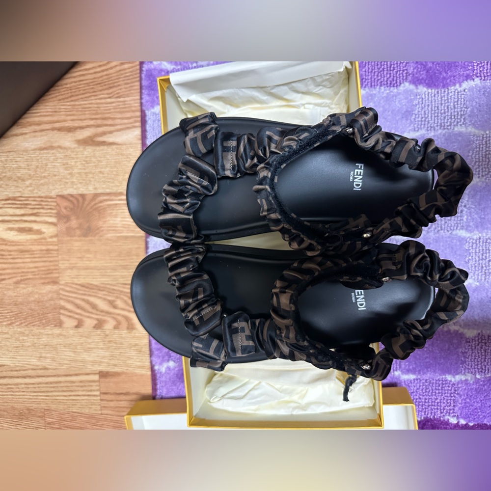 Fendi Black and Brown Ruffle Sandals